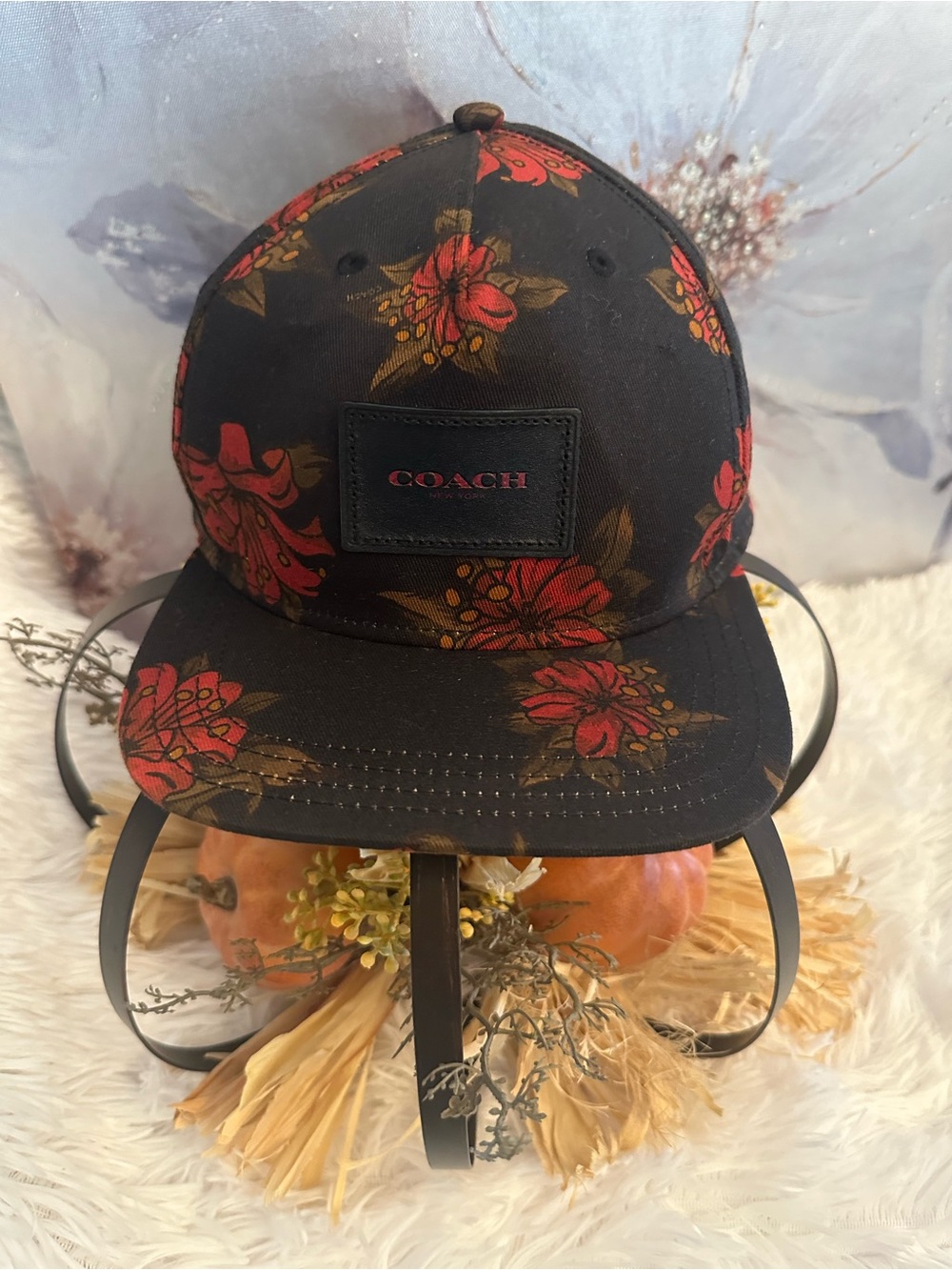 Coach Black Floral Patch Baseball Cap with Red Accents